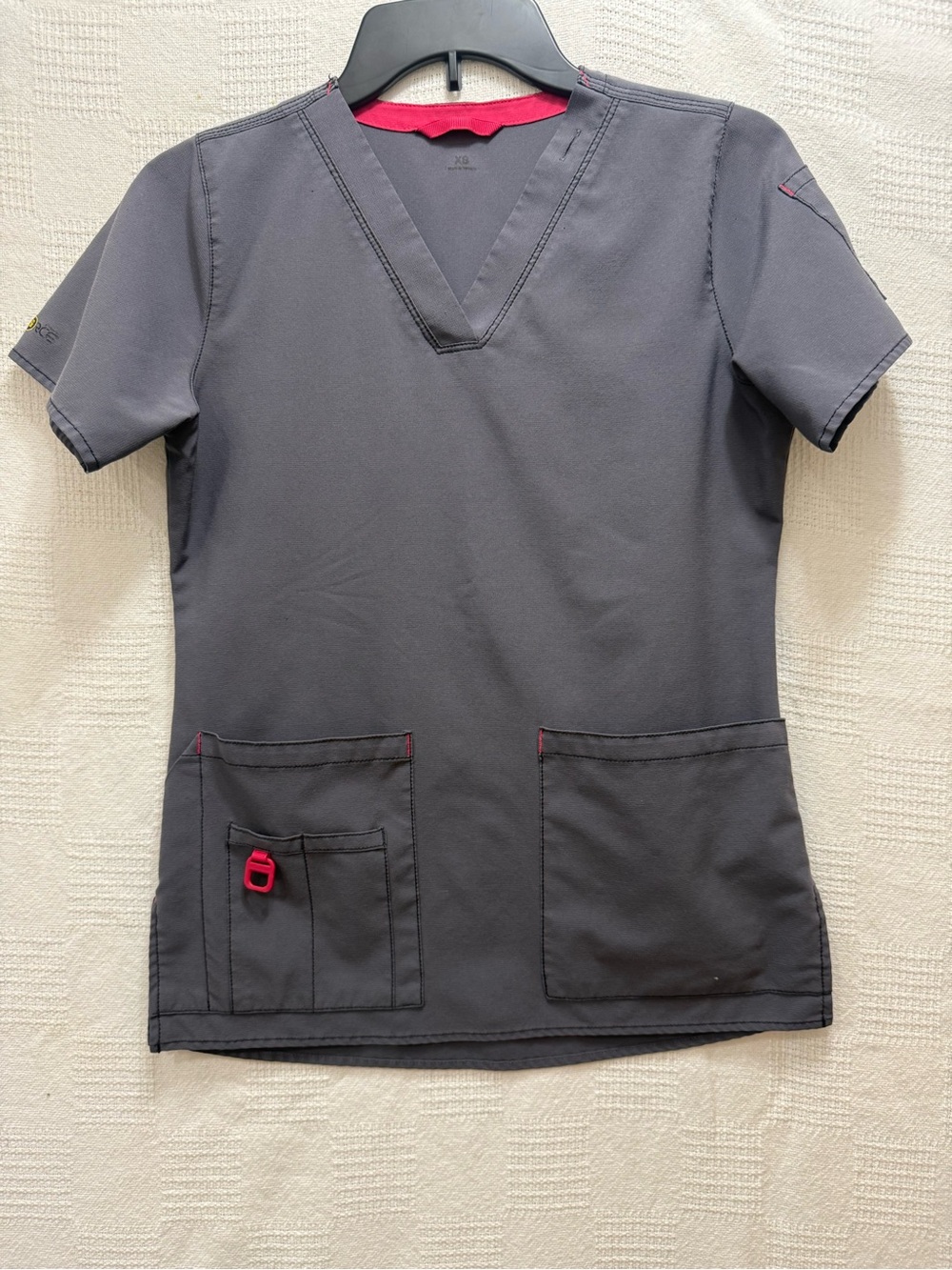 Carhartt Gray Short Sleeve V-Neck Scrub Top with Pink Accents